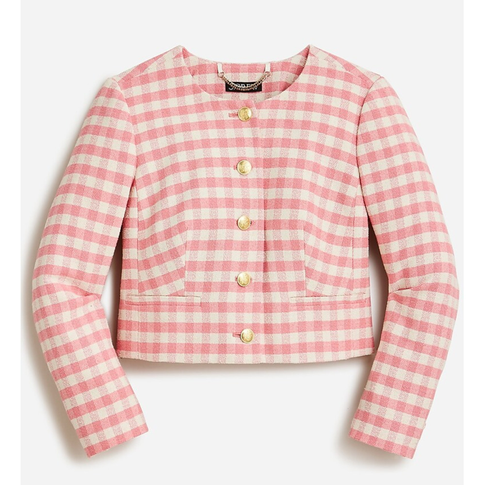 J Crew Louisa Lady Jacket in Pink Gingham Terry Tweed w/ Gold Buttons Size 8